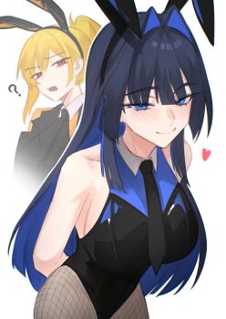 2girls ? alternate_costume animal_ear_hairband animal_ears arms_behind_back bare_arms bare_shoulders black_hair black_hairband black_leotard black_necktie blonde_hair blue_eyes blue_hair blush breasts colored_inner_hair commentary cowboy_shot fake_animal_ears fishnet_pantyhose fishnets hair_intakes hairband hashtag-only_commentary heart hololive hololive_english hololive_indonesia hunk_404 kaela_kovalskia large_breasts leaning_forward leotard long_hair looking_at_viewer multicolored_hair multiple_girls necktie ouro_kronii pantyhose playboy_bunny ponytail rabbit_ears red_eyes simple_background smile strapless symbol-only_commentary two-tone_hair virtual_youtuber white_background
