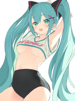 1girl alternate_costume armpits arms_behind_head arms_up black_buruma blue_eyes blue_hair breasts buruma character_name commentary cropped_shirt english_commentary hair_ornament hatsune_miku highres long_hair navel nekoge open_mouth print_shirt shirt simple_background solo twintails underboob vocaloid white_background white_shirt x_hair_ornament