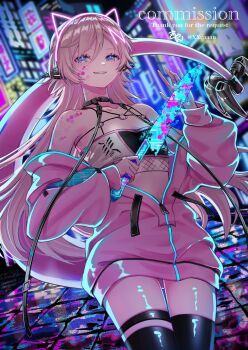 1girl animal_ears bare_shoulders black_thighhighs blue_eyes blurry blurry_background breasts cat_ears collarbone commentary commission cowboy_shot crop_top double-parted_bangs english_commentary fake_animal_ears hair_between_eyes hair_ornament highres holding holding_knife indie_virtual_youtuber izuniori_(vtuber) jacket jacket_partially_removed knife long_hair long_sleeves looking_at_viewer midriff_peek neon_lights parted_lips partially_unzipped pink_hair pink_jacket small_breasts smile solo tail thigh_strap thighhighs thighs vgen_commission virtual_youtuber watermark xxcaaan zipper zipper_pull_tab