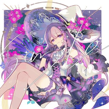 1girl black_gloves commentary dress flower gloves hat herta_(honkai:_star_rail) highres honkai:_star_rail honkai_(series) leaf olivier42118278 pink_flower purple_eyes purple_hair solo the_herta_(honkai:_star_rail) untranslatable_commentary white_background white_dress white_hat witch_hat