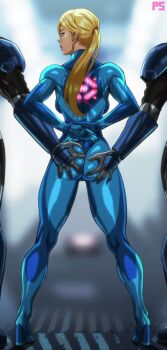 1girl 2boys absurdres armor arms_behind_back artist_logo ass back blonde_hair blue_bodysuit blue_eyes blurry blurry_background bodysuit breasts from_behind full_body galactic_federation_trooper grabbing_another's_ass groping hair_behind_ear highres lips logo long_hair looking_back looking_to_the_side metroid metroid:_other_m mole mole_under_mouth multiple_boys nintendo nose open_hands own_hands_together parted_bangs parted_lips ponpu_(pumpkinsinclair) ponytail samus_aran shoulder_armor side-by-side skin_tight standing toned toned_female zero_suit