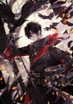 Rule 34 | 1boy, absurdres, analog clock, ayn alwyn, ayn alwyn (mist city), belt, bird, black belt, black cape, black coat, black gloves, black hair, black hat, black pants, cape, chain, chinese commentary, claw ring, clock, coat, colored lapels, cowboy shot, crow, dust, earrings, embers, facial mark, gear hat ornament, gears, gloves, hair between eyes, hand up, hat, hat ornament, high collar, highres, holding, holding chain, holding unworn clothes, holding unworn hat, infinity symbol, jewelry, lapels, long sleeves, looking at viewer, lovebrush chronicles, male focus, motion blur, notched lapels, pants, parted lips, red coat, red eyes, short hair, side cape, sideways glance, smoke, solo, sparks, standing, steampunk, stud earrings, top hat, two-sided coat, two-sided fabric, unworn hat, unworn headwear, zishengtian123