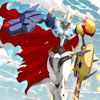 absurdres arm_blade arm_cannon armor cape commentary_request digimoji digimon digimon_(creature) digimon_adventure digimon_adventure:_bokura_no_war_game digimon_chronicle highres horns kurowashi_dezi mecha multiple_heads no_humans omegamon red_cape robot shoulder_armor shoulder_spikes simple_background solo spikes sword weapon white_armor white_cape