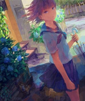 Rule 34 | 1girl, blue skirt, commentary request, door, flower, holding, holding umbrella, hydrangea, light smile, looking at viewer, medium hair, original, outdoors, painting (medium), purple eyes, purple hair, school uniform, serafuku, skirt, solo, stairs, tokunaga akimasa, traditional media, umbrella