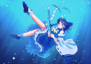 1girl ascot bare_shoulders black_shoes blue_bow blue_ribbon blue_shirt blue_skirt bow brown_eyes commentary_request detached_sleeves expressionless floating_hair frilled_bow frilled_hair_tubes frills full_body gohei hair_bow hair_tubes hakurei_reimu holding holding_gohei leg_up light_blush official_alternate_color petticoat rangycrow ribbon ribbon-trimmed_sleeves ribbon_trim shirt shoes sideways_glance skirt socks solo touhou underwater white_socks yellow_ascot