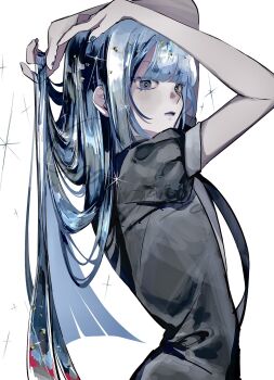 1other androgynous blue_eyes blue_hair blue_lips blunt_ends eyelashes gem_uniform_(houseki_no_kuni) goan_pizya hashtag-only_commentary highres houseki_no_kuni lapis_lazuli_(houseki_no_kuni) long_hair other_focus simple_background sparkle standing very_long_hair white_background
