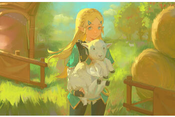 1girl absurdres animal black_pants blonde_hair blue_eyes blue_tunic braid crown_braid fingerless_gloves gloves goat hair_ornament hairclip hay highres holding holding_animal long_hair nintendo pants pointy_ears princess_zelda the_legend_of_zelda the_legend_of_zelda:_breath_of_the_wild tunic xinghen_az