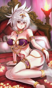 1girl absurdres anklet armlet ayakashi_triangle barefoot big_kapipara bracelet genderswap genderswap_(mtf) hair_between_eyes highres jewelry kazamaki_matsuri pillow solo thighlet