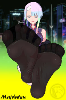 1girl bare_shoulders commentary cyberpunk cyberpunk_(series) cyberpunk:_edgerunners english_commentary feet foot_focus jacket looking_at_viewer lucy_(cyberpunk) majdutsu multicolored_hair pantyhose sensitive short_hair smile soles solo toes
