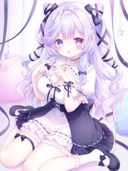 Rule 34 | 1girl, :d, black bow, black dress, black ribbon, blue eyes, blush, bow, breasts, choker, cleavage, collarbone, commentary request, commission, dress, frilled dress, frills, full body, hair between eyes, hair bow, hair ornament, hair ribbon, heart, highres, large breasts, long hair, long sleeves, looking at viewer, mary janes, open mouth, original, puffy short sleeves, puffy sleeves, purple eyes, purple hair, ribbon, shirt, shoes, short sleeves, sitting, skeb commission, skirt, smile, socks, solo, stuffed animal, stuffed toy, tail, twintails, two side up, usami cocoa, very long hair, wariza, white dress