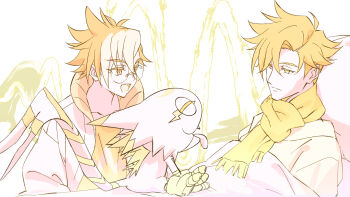 3boys brothers comatose commentary_request digimon digimon_(creature) digimon_beatbreak expressionless gecko gekkomon glasses highres jacket looking_at_another male_focus monochrome multicolored_hair multiple_boys official_art open_clothes open_jacket open_mouth scarf shirt short_hair siblings smile tenma_asuka tenma_tomoro toei_company tongue tongue_out two-tone_hair upper_body white_background yellow_theme