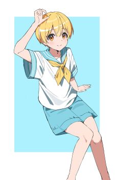 1boy arm_up blonde_hair blue_shorts border closed_mouth hair_between_eyes highres invisible_chair kai_(shell) knees_together_feet_apart looking_at_viewer male_focus neckerchief orange_eyes root_(stpri) school_uniform shirt short_hair shorts sitting smile solo strawberry_prince white_border white_shirt yellow_neckerchief