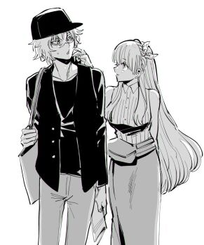 1boy 1girl anastasia_(fate) bag bare_shoulders black_jacket black_shirt bow buttons cheek_poking collared_shirt cowboy_shot fate/grand_order fate_(series) greyscale hair_between_eyes hair_bow hair_ornament hat holding holding_map jacket kadoc_zemlupus kadoc_zemlupus_(fgo_fes._2025) long_hair long_skirt long_sleeves looking_at_another map monochrome nobicco poking shirt short_hair shoulder_bag skirt sleeveless sleeveless_shirt sweatdrop