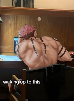 1boy absurdres arm_tattoo back back_muscles back_tattoo black_hair english_text highres jujutsu_kaisen kumi_aiko male_focus meme pink_hair ryoumen_sukuna_(jujutsu_kaisen) short_hair sitting tattoo topless_male undercut waking_up_to_this_(meme)