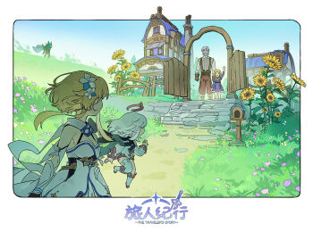 2boys 3girls :d ^_^ arm_up bandaged_arm bandages beard black_cape black_gloves blonde_hair blue_sky boots border bow bowtie breasts brown_gloves brown_shirt bush buttons cape caterpillar_(genshin_impact) child clear_sky cleavage closed_eyes day dress earnshaw_(genshin_impact) facial_hair fence floating_hair flower gate genshin_impact gloves gold_trim grandfather_and_granddaughter grass hair_flower hair_ornament halo hand_up hilichurl_(genshin_impact) hilichurl_rogue_(genshin_impact) hill house lanoire_(genshin_impact) long_sleeves looking_at_another looking_back lumine_(genshin_impact) mailbox_(incoming_mail) medium_breasts medium_hair multiple_boys multiple_girls old old_man open_mouth outdoors outside_border paimon_(genshin_impact) pants parted_bangs path pink_bow pink_bowtie purple_dress red_pants road romper shirt short_hair short_hair_with_long_locks sidelocks single_thighhigh sky sleeveless sleeveless_dress sleeveless_shirt smile stairs striped_clothes striped_shirt sunflower suspenders thighhighs tree vambraces vertical-striped_clothes vertical-striped_shirt waving white_border white_cape white_dress white_flower white_footwear white_hair white_romper white_thighhighs wooden_fence xiang_wan_wei_wan yellow_flower