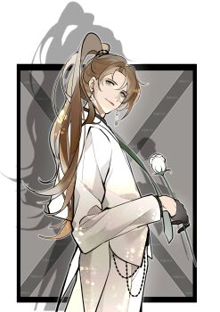 1boy absurdres alternate_costume alternate_hairstyle black_gloves black_shirt border brown_hair chinese_commentary closed_mouth commentary_request contemporary cowboy_shot curtained_hair dress_pants earrings flower flower_earrings formal_clothes from_side gloves green_necktie grey_border half_gloves high_ponytail highres holding holding_flower hua_yi_shanxin_zhiyue jacket jewelry long_hair long_sleeves looking_at_viewer looking_to_the_side male_focus mismatched_earrings mole mole_under_eye necktie outside_border pants pinky_ring ponytail rose shadow shirt simple_background solo standing suit suit_jacket swept_bangs tailcoat tassel tassel_earrings wallet_chain wangulongdong white_border white_flower white_jacket white_pants white_rose white_suit yu_ze