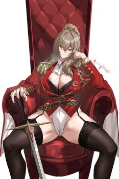 1girl azur_lane black_bra black_garter_straps black_thighhighs bra breasts brown_eyes brown_hair chinese_commentary cleavage commentary_request dated epaulettes feet_out_of_frame garter_straps gold_trim hand_on_hilt high_ponytail highleg highleg_leotard highres huge_breasts jacket jpeg_artifacts lace lace-trimmed_bra lace-trimmed_thighhighs lace_trim leotard leotard_under_clothes lion_(azur_lane) long_hair long_sleeves looking_at_viewer mature_female ponytail red_jacket signature simple_background sitting sitting_on_throne solo spread_legs sword thighhighs underwear wangwenzhu2000 weapon white_background white_leotard