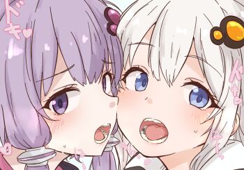 2girls blue_eyes blush cavity commentary_request dental_filling embarrassed hair_ornament heads_together heart heartbeat heavy_breathing highres kizuna_akari looking_at_viewer mouth_focus multiple_girls open_mouth parallel_fleet portrait purple_eyes purple_hair raised_inner_eyebrows realistic_teeth saliva short_hair_with_long_locks small_sweatdrop teeth tongue vocaloid voiceroid white_hair yuzuki_yukari