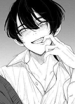 1boy absurdres blush cardigan commentary commentary_request english_commentary fangs hair_between_eyes highres looking_at_viewer male_focus mixed-language_commentary monochrome niwa281610 original shirt short_hair signature solo teeth