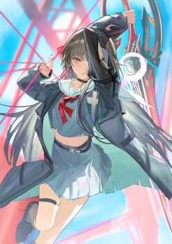 Rule 34 | 1girl, absurdres, arm cutout, arm up, black choker, black hair, black jacket, black shirt, black skirt, blush, chinese commentary, chisa (wuthering waves), choker, clothing cutout, collarbone, commentary request, hair ribbon, highres, holding, holding sword, holding weapon, jacket, long hair, long sleeves, looking at viewer, midriff, navel, neckerchief, parted lips, red eyes, red neckerchief, red ribbon, ribbon, sailor collar, shirt, skirt, sokiu (dongxiasokiu), solo, sword, thigh strap, weapon, white sailor collar, wuthering waves