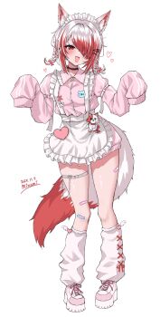 1girl absurdres animal_ears apron artist_name bandaid bandaid_on_leg bandaid_on_thigh black_choker bow breasts choker commentary_request dated earrings fox_ears fox_girl fox_tail garter_straps hair_ornament hairclip heart heart_choker highres jacket jewelry leg_warmers long_sleeves maid_apron maid_headdress minami_(minami_summer) multicolored_hair open_mouth pink_jacket pink_leg_warmers pink_shoes red_bow red_eyes red_hair reject_(esports) shoes signature single_garter_strap sleeves_past_wrists small_breasts solo stuffed_animal stuffed_toy syusetu_kohaku tail thigh_strap thighs two-tone_hair virtual_youtuber white_background white_hair x_hair_ornament