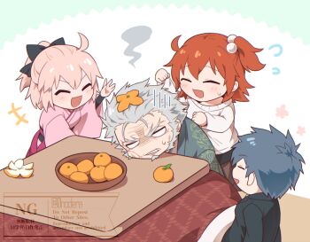 0nodera 2boys 2girls ahoge beads black_ribbon blank_eyes closed_eyes commentary_request fate/grand_order fate_(series) food fruit fujimaru_ritsuka_(female) grey_hair hair_beads hair_ornament japanese_clothes kimono kotatsu long_sleeves mandarin_orange multiple_boys multiple_girls nagakura_shinpachi_(fate) okita_souji_(fate) old old_man one_side_up open_mouth orange_peel pink_hair ribbon saitou_hajime_(fate) short_hair sweater table watermark white_sweater