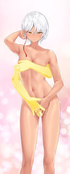 blush breasts covering_breasts covering_crotch covering_privates dark-skinned_female dark_skin extra_arms fei_hong hair_behind_ear hair_ornament li_zhiheng looking_at_viewer medium_breasts my_harem_grew_so_large_i_was_forced_to_ascend navel nude short_hair simple_background stomach white_hair yellow_eyes