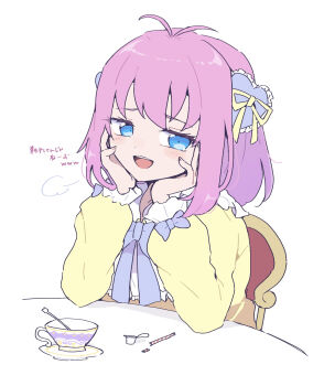 1girl amauri_miruki antenna_hair blue_eyes blush bow commentary_request cup frilled_sleeves frills hair_ornament hands_on_own_cheeks hands_on_own_face hands_up heart heart_hair_ornament highres long_sleeves looking_at_viewer nojima_minami open_mouth pink_hair pretty_series puff_of_air purple_bow ribbon saucer shirt short_hair simple_background smile solo spoon teacup translation_request waccha_primagi! white_background yellow_ribbon yellow_shirt