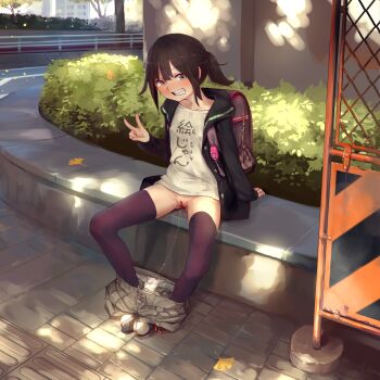 1girl backpack bad_id bad_pixiv_id bag black_hair black_thighhighs building bush cleft_of_venus clothes_pull clothes_writing collarbone crime_prevention_buzzer dappled_sunlight day female_focus flat_chest full_body ginkgo_leaf grin highres hood hoodie jacket leaf loli long_sleeves looking_at_viewer looking_to_the_side nude open_clothes open_jacket outdoors panties pants pants_pull panty_pull plant ponytail public_indecency pussy pussy_juice pussy_juice_puddle pussy_juice_stain pussy_juice_trail randoseru shirt shoe_soles shoes sitting smile solo stain stained_clothes stained_panties sunlight teeth thighhighs uncensored underwear v white_panties yamada_(gotyui) zenra