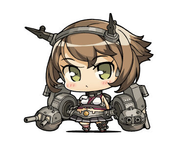 1girl anchor black_skirt blush breasts brown_hair chain chibi chibi_only eyelashes gloves green_eyes hair_between_eyes hand_on_own_chest headgear kantai_collection miniskirt mutsu_(kancolle) navel pleated_skirt rigging short_hair simple_background skirt sleeveless solo white_background white_gloves yagumo_kengou