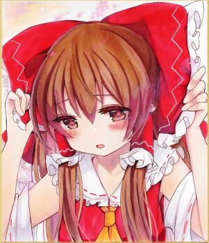 Rule 34 | 1girl, adjusting bow, arms up, ascot, bare shoulders, blush, bow, brown eyes, brown hair, collarbone, commentary request, detached sleeves, frilled bow, frilled hair tubes, frills, hair between eyes, hair bow, hair tubes, hakurei reimu, highres, hoshi tea party, long hair, long sleeves, looking at viewer, nontraditional miko, parted lips, photo (medium), red bow, red shirt, ribbon-trimmed sleeves, ribbon trim, shirt, signature, sleeveless, sleeveless shirt, solo, touhou, traditional media, upper body, wide sleeves, yellow ascot