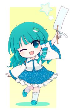 1girl arm_up azuma_meri blue_skirt chibi collared_shirt commentary_request detached_sleeves frog_hair_ornament full_body gohei green_eyes green_hair green_shoes hair_ornament hair_tubes highres kochiya_sanae medium_skirt nontraditional_miko one_eye_closed shirt shoes short_sleeves simple_background skirt sleeveless sleeveless_shirt smile snake_hair_ornament socks solo standing standing_on_one_leg touhou v-shaped_eyebrows white_background white_shirt white_socks
