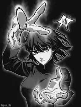 1girl absurdres angry assertive_female aura domination dominatrix dress fubuki_(one-punch_man) glowing glowing_hand glowing_hands greyscale hair_between_eyes highres looking_at_viewer medium_hair monochrome one-punch_man psychic serious short_hair telekinesis testicle_torture testicular_torsion upper_body