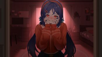 1girl arc2urus bed bedroom blue_hair blue_skirt commentary commission computer crazy_mita_(miside) crazy_smile curtains desk_lamp hair_ornament hairband indoors lamp long_hair long_sleeves looking_at_viewer low_twintails midriff_peek miside mita_(miside) monitor puffy_long_sleeves puffy_sleeves red_eyes red_hairband red_shirt shirt skirt smile solo twintails wardrobe yandere yandere_trance