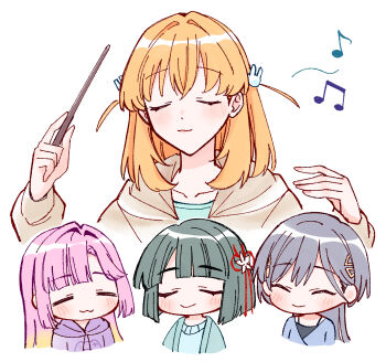 Rule 34 | 4girls, :3, = =, anyoji hime, anyoji hime (sega lucky lottery sleepwear), aqua cardigan, aqua shirt, beamed eighth notes, black camisole, black hair, blonde hair, blue shirt, blue sweater, blunt bangs, blunt ends, blunt sidelocks, bob cut, brown jacket, camisole, cardigan, closed eyes, closed mouth, conductor baton, crossed bangs, eighth note, flower, flower knot, game controller print, gradient hair, grey hair, hair flower, hair ornament, highres, hinoshita kaho, hinoshita kaho (summer loungewear), holding, hood, hooded jacket, hoodie, jacket, jellyfish cut, katsuragi izumi, katsuragi izumi (winter loungewear), link! like! love live!, long hair, long sleeves, love live!, medium hair, momose ginko, momose ginko (sega lucky lottery sleepwear), multicolored hair, multiple girls, musical note, open clothes, open jacket, orange hair, pink hair, print hoodie, purple hoodie, rabbit hair ornament, shirt, short hair, sidelocks, smile, sweater, triangle hair ornament, two side up, virtual youtuber, white flower, zangemiya