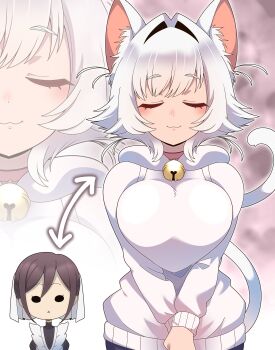 2girls :3 absurdres animal_ear_fluff animal_ears arrow_(symbol) bell blush breasts brown_hair cat_ears cat_tail chibi chibi_inset closed_eyes collar commentary english_commentary erigo facing_viewer hair_intakes highres hood hood_down hoodie huge_breasts jingle_bell kimi_no_koto_ga_dai_dai_dai_dai_daisuki_na_100-nin_no_kanojo long_sleeves maid meido_mei multiple_girls neck_bell nekonari_tama personality_switch pink_collar short_hair smile solid_circle_eyes tail triangle_mouth v_arms veil white_hair white_hoodie zoom_layer