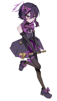 1girl absurdres alternate_costume bare_shoulders black_gloves black_pantyhose black_shoes blue_archive bow commentary_request elbow_gloves footwear_bow full_body gloves hair_between_eyes hair_bow haruka_(blue_archive) highres holding holding_wand leg_up looking_at_viewer magical_girl pantyhose picopico_hanma purple_bow purple_eyes purple_hair shoes simple_background solo wand white_background