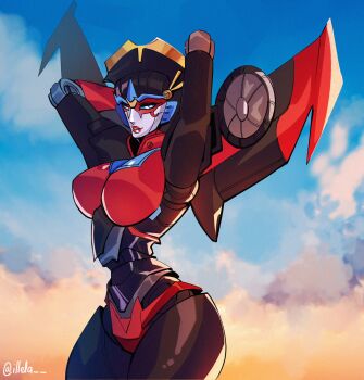 1girl airplane_wing autobot blue_eyes breasts curvy geisha highres illella image_sample large_breasts mecha mecha_musume mechanical_wings metal_skin narrow_waist panties red_lips red_panties robot science_fiction thick_thighs thighs transformers twitter_sample underwear windblade wings