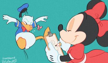 1boy 1girl animal_ears bow disney donald_duck dress duck_boy furry gloves hair_bow hat highres mickey_mouse_&amp;_friends minnie_mouse mouse_ears mouse_girl shirt simple_background smile takatmaorange white_gloves