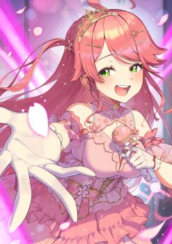 1girl :d absurdres ahoge bare_shoulders blush bow braid breasts cherry_blossoms choker cleavage_cutout clothing_cutout commentary_request concert cowboy_shot cross-laced_clothes cross-laced_dress dot_nose dress earrings falling_petals floating_hair flower flower_earrings flower_hairclip foreshortening frilled_choker frilled_dress frilled_gloves frilled_sleeves frills gloves gold_tiara gold_trim green_eyes hair_flower hair_ornament hairclip half-closed_eyes highres holding holding_microphone hololive idol idol_clothes jewelry juu1010 large_breasts layered_dress long_hair looking_at_viewer looking_to_the_side loose_hair_strand microphone motion_blur official_alternate_costume official_alternate_hairstyle open_mouth outstretched_arm parted_bangs petals pink_bow pink_choker pink_dress pink_hair pink_petals pink_sleeves reaching reaching_towards_viewer red_bow ribbon sakura_miko sakura_miko_(flower_fantasista!) short_sleeves side_braids side_part sidelocks smile solo sparkle stage stage_lights string_of_pearls swept_bangs tiara tilted_headwear two_side_up very_long_hair virtual_youtuber white_gloves white_ribbon
