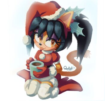 1girl absurdres animal_ears boots cat_ears cat_tail coffee cup dress eyeshadow gloves hair_ornament high_heel_boots high_heels highres holding holding_cup holly_hair_ornament honey_the_cat makeup purple_eyeshadow quark196 red_gloves santa_costume santa_dress signature sitting solo sonic_(series) sonic_the_fighters sonic_the_hedgehog_(classic) tail tongue tongue_out wariza yellow_eyes