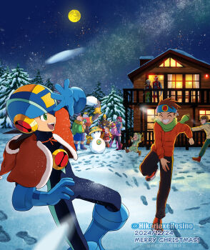 3girls 6+boys absurdres blue_bodysuit bodysuit brown_hair capelet christmas closed_eyes dated dex_oyama_(mega_man) eugene_chaud_(mega_man) full_moon glide.exe_(mega_man) glyde_(mega_man) green_eyes group_picture gutsman.exe highres house iceman.exe jacket lan_hikari_(mega_man) mayl_sakurai_(mega_man) mega_man_(series) mega_man_battle_network_(series) megaman.exe merry_christmas met_(mega_man) moon multiple_boys multiple_girls netnavi night orange_jacket outdoors poshino_pikari protoman.exe red_capelet roll.exe_(mega_man) snow snowball snowball_fight snowman twitter_username watermark yai_ayanokoji_(mega_man)