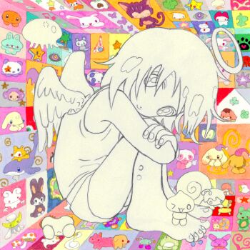 1girl angel angel_wings animated animated_gif bare_arms bare_legs bare_shoulders blinking chinese_commentary closed_mouth commentary_request creature crossed_arms feathered_wings fingernails flapping full_body greyscale_with_colored_background halo hugging_own_legs jellyfish jumping knees_up looking_at_viewer looping_animation multicolored_background oliwa original piercing short_shorts shorts sitting smile snail solo tank_top toenails toes wings