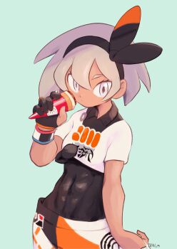 1girl abs bea_(pokemon) black_bodysuit black_gloves bodystocking bodysuit commentary_request dark_skin food gloves hair_ribbon highres holding ice_cream looking_at_viewer lv41_(lv41low) nintendo pokemon pokemon_swsh ribbon short_hair