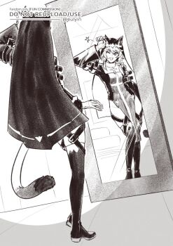 Rule 34 | 1girl, alternate costume, animal ears, animal hood, black hood, cat ears, cat tail, cipher (honkai: star rail), commentary, commission, cosplay, english commentary, eulyin huan, greyscale, highres, honkai: star rail, honkai (series), honkai impact 3rd, hood, kallen kaslana, kallen kaslana (cosplay), monochrome, nun, one eye closed, pelvic curtain, solo, star (symbol), tail