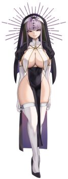 Rule 34 | 1girl, blush, breast curtains, breasts, commentary request, elbow gloves, full body, gloves, highres, indie virtual youtuber, large breasts, long hair, looking at another, nun, parted lips, pelvic curtain, purple hair, red eyes, satou daiji, short sleeves, sideboob, simple background, smile, solo, standing, thighhighs, thighs, towa (towa akqj10), virtual youtuber, white background, white gloves, white thighhighs