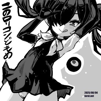 1girl :q armpits arms_up backbeako_(torotei) backbeard bare_shoulders blush closed_mouth commentary dated dated_commentary dress elbow_gloves gegege_no_kitarou gloves grey_background greyscale hair_over_one_eye hair_ribbon kono_lolicon_domome long_hair looking_at_viewer monochrome neckerchief original paid_reward_available panties pantyshot pointy_ears ribbon simple_background sleeveless sleeveless_dress smile solo tongue tongue_out torotei translated twintails two-tone_background underwear watermark waving web_address white_background