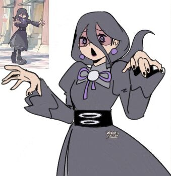 1girl 2025 :o @_@ absurdres artist_name black_eyes black_nails black_pantyhose black_shoes breasts claw_pose commentary dress earrings english_commentary eyelashes hair_between_eyes hex_maniac_(pokemon) hex_maniac_(pokemon_legends:_z-a) highres jewelry jitome juliet_sleeves long_hair long_sleeves looking_down low_ponytail neck_ribbon nintendo open_mouth pantyhose pokemon pokemon_legends:_z-a ponytail puffy_sleeves purple_hair purple_lips purple_ribbon reference_work ribbon shoes signature simple_background small_breasts solo upper_body wanderjegson white_background