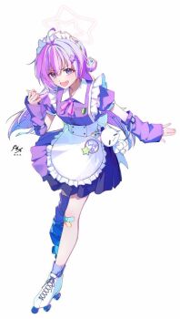 1girl ahoge alternate_costume apron asymmetrical_legwear bandaid bandaid_on_knee bandaid_on_leg blue_archive blue_hair blush bow bowtie commentary_request detached_sleeves dress enmaided frilled_apron frills hair_bun hair_ornament halo hand_up long_hair looking_at_viewer maid maid_apron maid_headdress multicolored_hair nekomochi open_mouth pink_bow pink_bowtie pink_hair pink_halo puffy_short_sleeves puffy_sleeves purple_dress purple_eyes reisa_(blue_archive) roller_skates short_sleeves shoshinsha_mark simple_background single_hair_bun skates sleeves_past_wrists smile solo standing star_(symbol) star_hair_ornament star_halo stuffed_toy two-tone_hair v-shaped_eyebrows waist_apron white_apron white_background