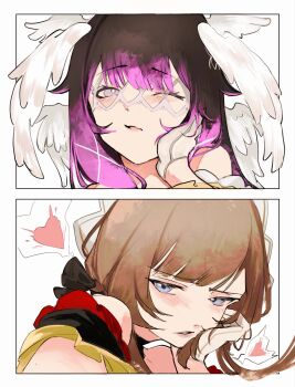 2girls absurdres angel_wings bare_shoulders black_bow black_hair blue_eyes blunt_bangs blush border bow bright_pupils closed_mouth columbina_(genshin_impact) eye_mask feathered_wings genshin_impact gloves gradient_hair hair_bow hair_ornament half-closed_eyes hand_on_another&#039;s_face hand_on_own_face hand_up head_wings headdress heart highres lips long_hair looking_at_another mask multicolored_hair multiple_girls multiple_wings one_eye_closed outside_border pink_hair purple_eyes sa_3987 sandrone_(genshin_impact) short_hair_with_long_locks simple_background speech_bubble spoken_heart teeth two-tone_hair upper_body white_background white_border white_gloves white_pupils wings x_hair_ornament yuri